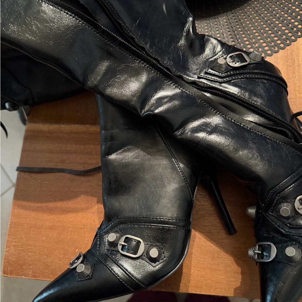 Balenciaga Black Heeled Boots with Buckle Detail